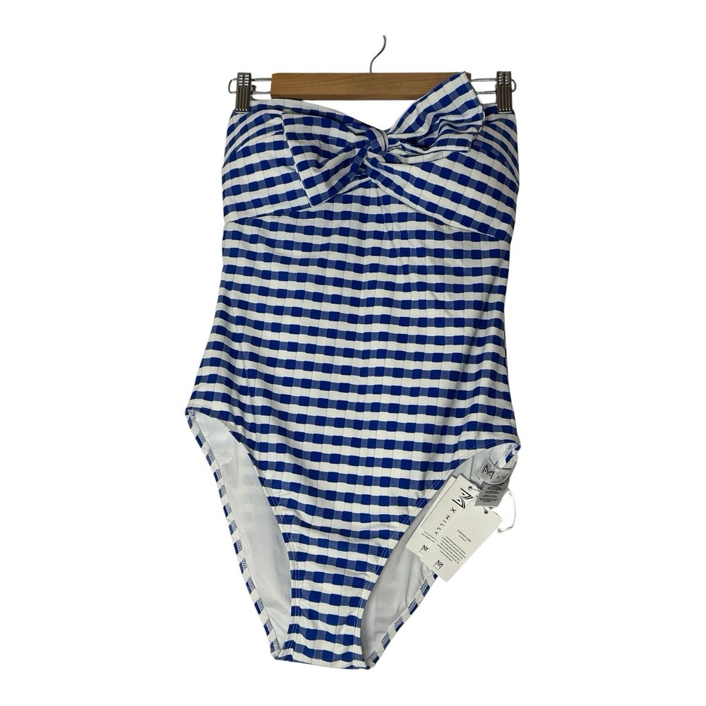 New Milly Womens Jacquard Cottage Bow Blue Gingham One-Piece Swimsuit Large - Picture 13 of 14